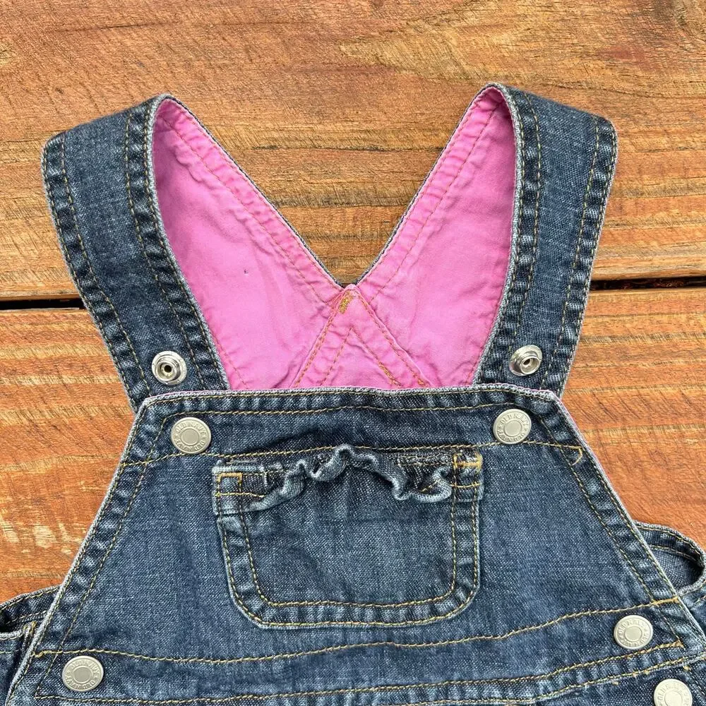 Baby Denim Overall Dress 3-6M Vintage Y2K Ruffle Hem Pink Lined Easter Outfit